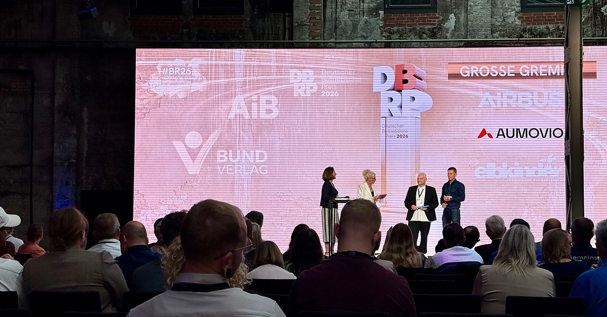 Verleihung des Deutschen Betriebsrätepreises 2026 auf der Bühne des #BR26, Kategorie große Gremien