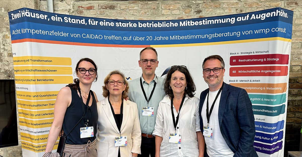 Das fünfköpfige Standteam von CAIDAO und wmp consult vor dem Messebanner auf Stand A8